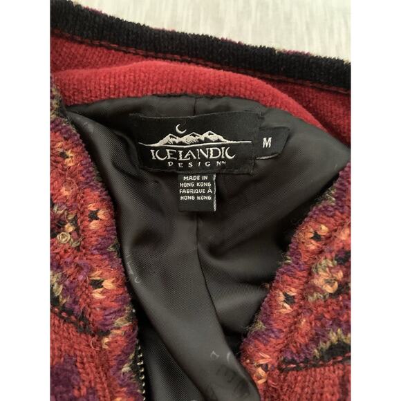 Icelandic Design Wool Size Medium Deep Red Floral Zip Up Jacket Lined Cardigan - Picture 4 of 7